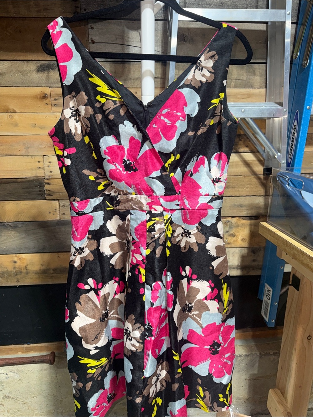 Tahari Black Mini Dress with Pink, Brown & Yellow Floral Print Small